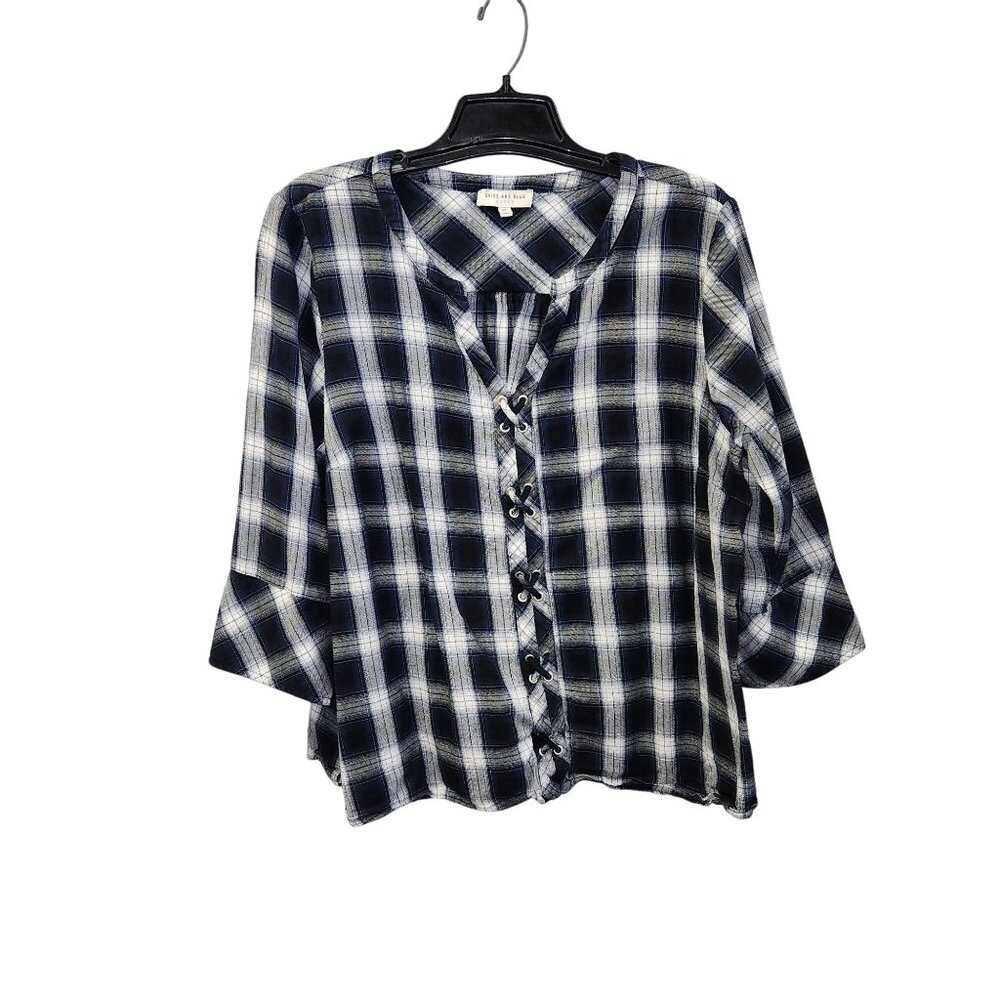 Skies Are Blue Curvy 2X Womens Plaid Button-Front Shirt Blue/White 3/4 Sleeve